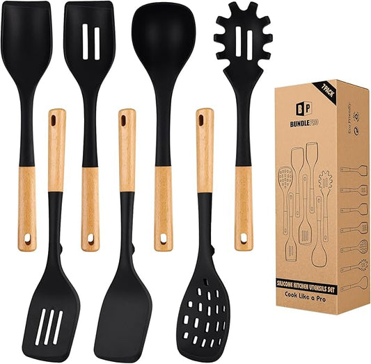 Silicone Kitchen Utensil Set for Non Stick Cookware, 7 Pcs Heat Resistant Cooking Utensils with Wooden Handle, BPA Free Kitchen Tools with Spatulas, Spoons, Skimmer and Pasta Fork (BLACK)-Ruum Studio Home