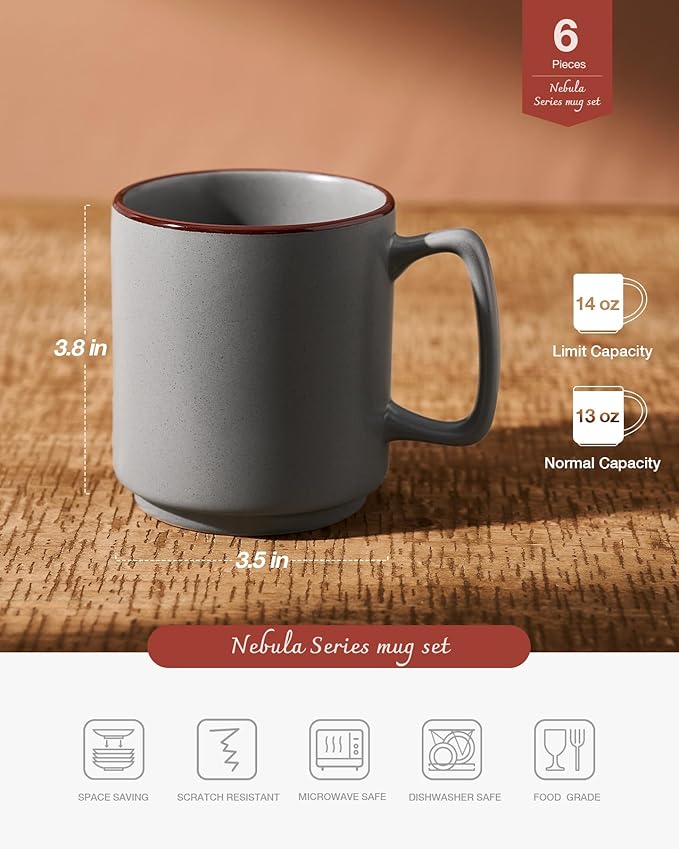 famiware Coffee Mugs Set of 6, Nebula 14oz Coffee Mugs, Ceramic Cup Set with Handle for Latte, Tea, Milk, Cappuccino, Cocoa, Dark Gray-Ruum Studio Home