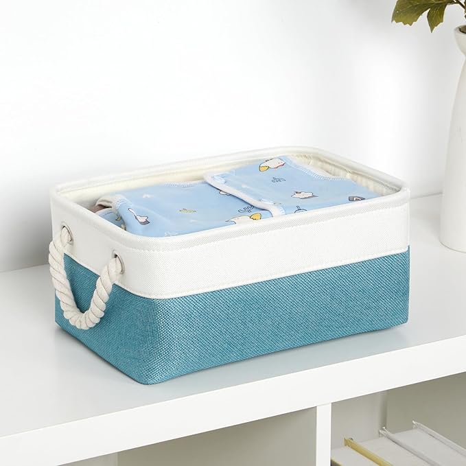 Bidtakay Small Storage Baskets for Shelves 3 Pack Fabric Storage Bins for Organizing Linen Collapsible Organizer for Closet-White&Teal-Ruum Studio Home