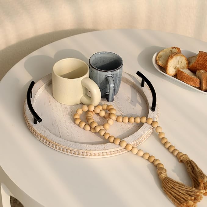 SwallowLiving White Wooden Beaded Serving Tray with Handle Decorative Rustic Whitewashed Tray for Coffee Table Farmhouse Round Tray for Kitchen, Living Room and Bedroom-Ruum Studio Home