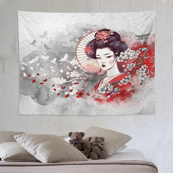 Japanese Geisha Tapestry Asian Red Cherry Blossom Traditional Kimono Folk Tapestries Home Decor for Living Room Bedroom Apartment Farmhouse Dorm 80"x60"-Ruum Studio Home