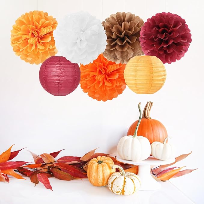 Brown Burgundy-Orange Party-Decorations Paper-Flowers Lanterns - 15PCS Fall Boho Tissue Pom Poms Streamers,Baby Bridal Shower Rustic Wedding Neutral Birthday Coffee Halloween ThanksgivingDecor Hugfond-Ruum Studio Home