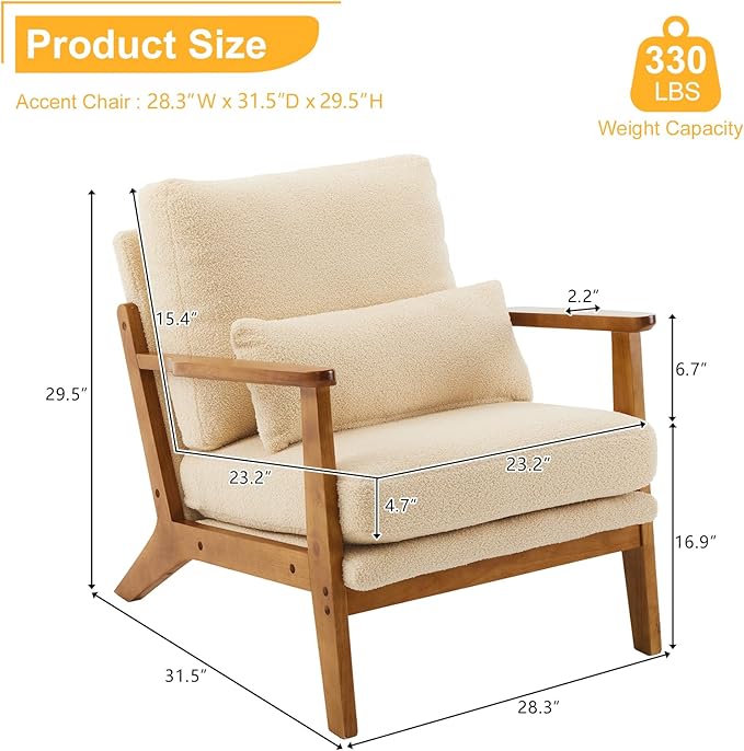 Karl home Accent Chair Wide Armrest Mid-Century Lounge Chair Teddy Fleece Armchair with Lumbar Pillow & Solid Wood Frame for Living Room, Bedroom, Balcony, Khaki-Ruum Studio Home
