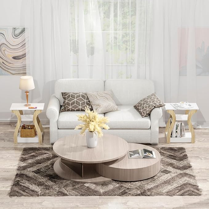 End Table Set of 2 with Charging Station, Side Table with USB Ports and Outlets, Nightstand, 3 Tier End Table with Storage Shelf for Living Room, Bedroom (White Set of 2)-Ruum Studio Home