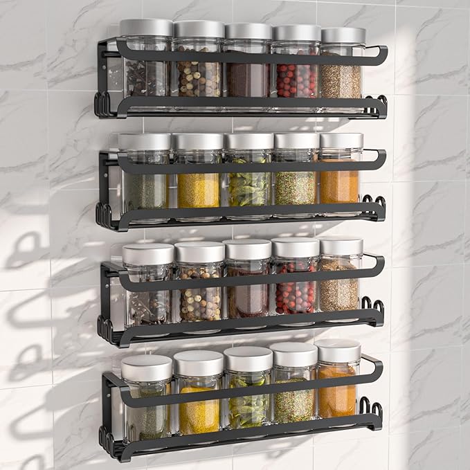 LUCYCAZ 4 Pack Wall Mounted Spice Rack with 16 Hooks, Spice Organizer Shelf for Stove Cabinet Pantry Door,Screw or Adhesive Spice Shelf Hanging Wall Spice Rack in Kitchen and RV (Black, 4 PACK)-Ruum Studio Home