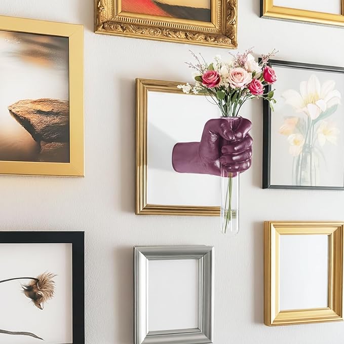 Creative Wall Hanging Sculpture, Artistic Wall Hanging Hand Sculpture with Test Tube vases, Home Decoration Hand Against Wall (Purple)-Ruum Studio Home