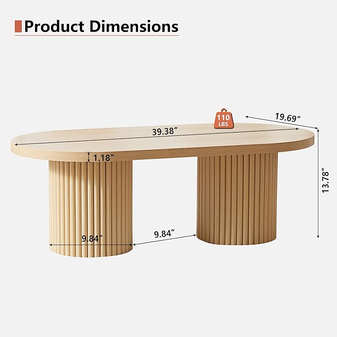 Oval Fluted Coffee Table, Farmhouse Wood Coffee Table Mid Century Modern Center Table Boho Living Room Tables for Living Room Office (Natural, 19.69" D x 39.38" W x 13.78" H)-Ruum Studio Home