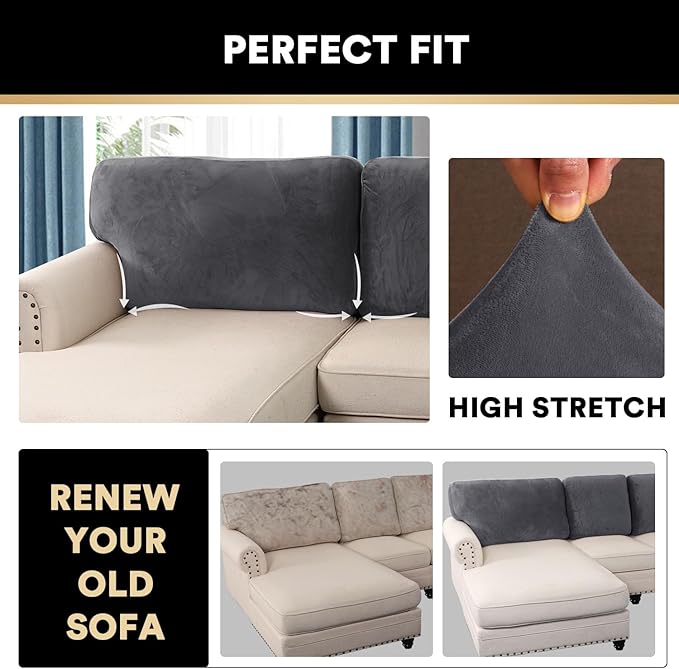PrinceDeco Sectional Couch Covers Velvet Cushion Covers for Sectional Couch Cushion Covers for Sectional Sofa Separate Sectional Sofa Slipcovers Washable(1 Chaise Back+ 2 Sofa Back,Grey)-Ruum Studio Home