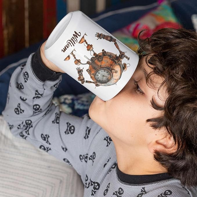 Steampunk Robot Coffee Mug With Custom Name, Customized Mechanical Themed Design Ceramic Cup, Steampunk Enthusiasts White Cup 11oz Or 15oz, Personalized Mug Gift For Daughter Son-Ruum Studio Home