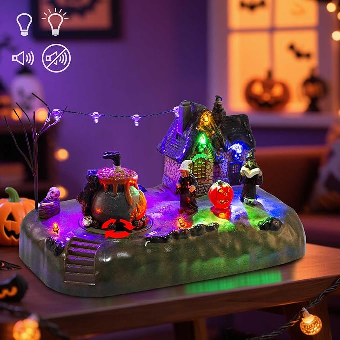 Halloween Village Witch Cauldron Bubble Figurine with Lit House Spooky Town Indoor Decoration Accessories for Holiday Display, Battery Operated-Ruum Studio Home