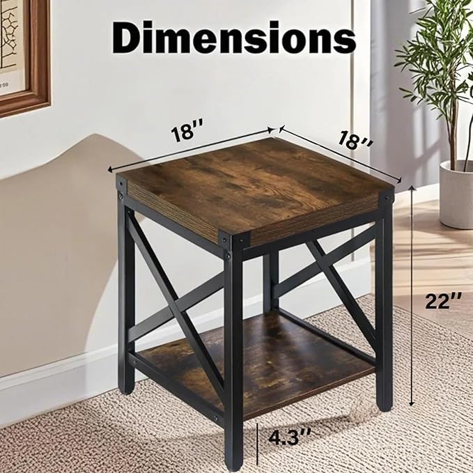 End Table Large Side Table for Living Room, Rustic Farmhouse End Tables with 2-Tier Storage, Square Nightstand Bedside Table X-Design Metal Frame, Brown (Wind, Brown)-Ruum Studio Home