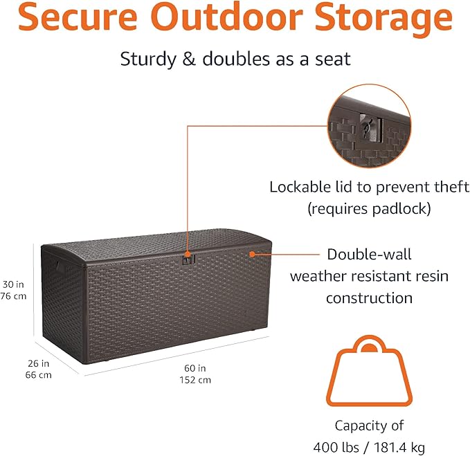 Amazon Basics Outdoor Patio Storage Box 150 Gallon Deck Box, Waterproof and Weather-resistant, Furniture Cushions Garden Tools, Brown-Ruum Studio Home