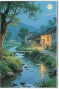 Moonlight under the big tree creek cabin scenery is suitable for posting in the living room bedroom office scenery poster wall painting-Ruum Studio Home