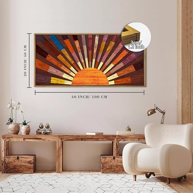 IARTTOP Extra Large Boho Sun Wood Wall Art for Living Room Wooden 3D Framed Abstract Sun Rising on the Horizon Geometric Wall Decor Mid century Sunshine Artwork Home Bedroom Office20 * 40 Inch-Ruum Studio Home