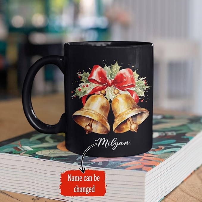Christmas Jingle Bells Design Ceramic Mug, Custom Christmas Themed Cup With Name, Gift For Sibling, Personalized Coffee Mug With Jingle Bells Design, Customized Xmas Black Cup 11oz 15oz-Ruum Studio Home