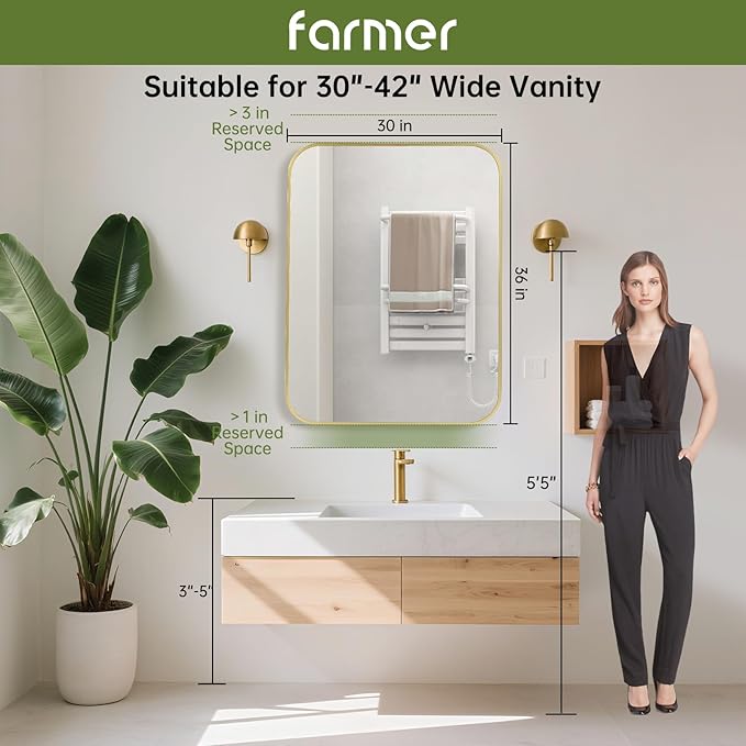 FARMER 30x36 Inch Gold Bathroom Mirror, Rectangle Vanity Mirror, Brushed Mirrors for Wall, Metal Frame Hanging Mirror with Round Corner for Bedrooms, Entryways, Living Rooms, Horizontal/Vertical-Ruum Studio Home