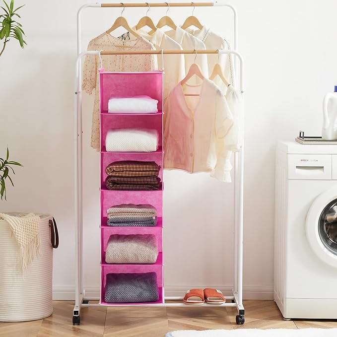 MAX Houser 6-Shelf Hanging Closet Organizer, Hanging Storage Shelves with 2 Sturdy Hooks Space-Saving for Bedroom, Foldable (Pink)-Ruum Studio Home