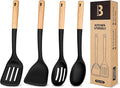 Silicone Cooking Utensils Set, Perfectly Angled for Frying, Mixing,Serving,Draining,Turning and Stirring, BPA-Free Matte Silicone, Wood Handles, Safe for Nonstick Cooking Surfaces,4 Pack (Black)-Ruum Studio Home