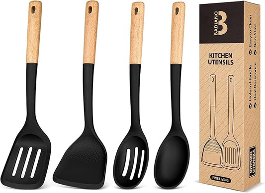 Silicone Cooking Utensils Set, Perfectly Angled for Frying, Mixing,Serving,Draining,Turning and Stirring, BPA-Free Matte Silicone, Wood Handles, Safe for Nonstick Cooking Surfaces,4 Pack (Black)-Ruum Studio Home