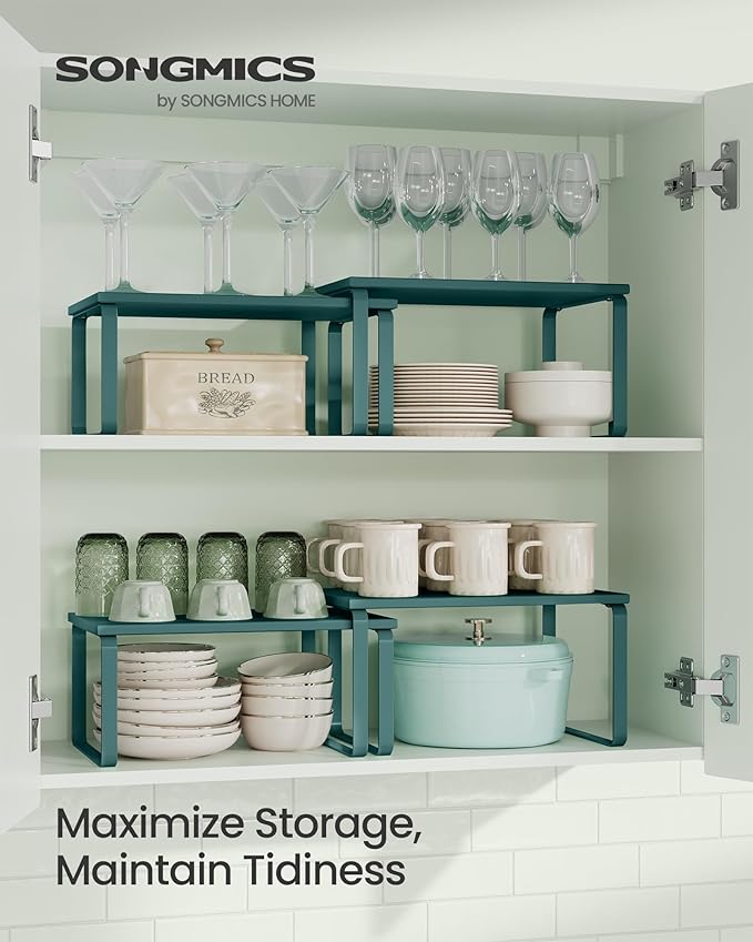 SONGMICS Cabinet Organizer Shelf, Set of 2 Kitchen Counter Shelves, Kitchen Storage, Spice Rack, Stackable, Expandable, Metal and Engineered Wood, Marrs Green UKCS002C02-Ruum Studio Home