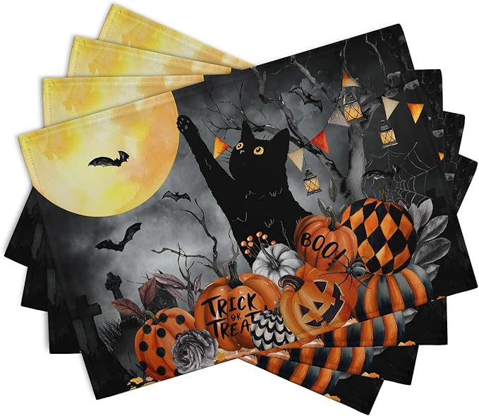 Black Cat Halloween Placemats Set of 4 Spooky Pumpkin Boo Bat Moon Horror Place Mats 12x18 Inch Seasonal Washable Linen Table Mat for Party Kitchen Dining Outdoor Indoor Decor-Ruum Studio Home