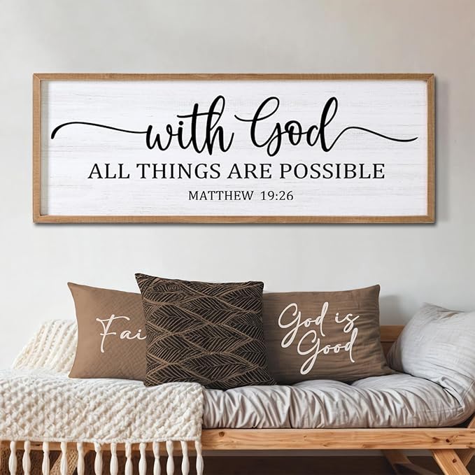 With God All Things are Possible Framed Wall Art, 40''×15'' Natural Religious Rustic Bible Verse for Christian God Jesus Christ Prayer, Holy Positive Horizontal Inspirational Catholic Scripture Decor-Ruum Studio Home