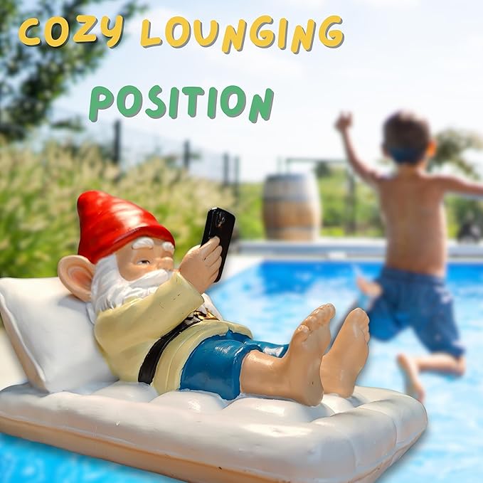Relaxing Pool Gnome with Smartphone - 5.6" Heavy Resin Garden Statue - Weather-Resistant Funny Lawn Ornament - Summer Patio Decor - Unique Housewarming Gift-Ruum Studio Home