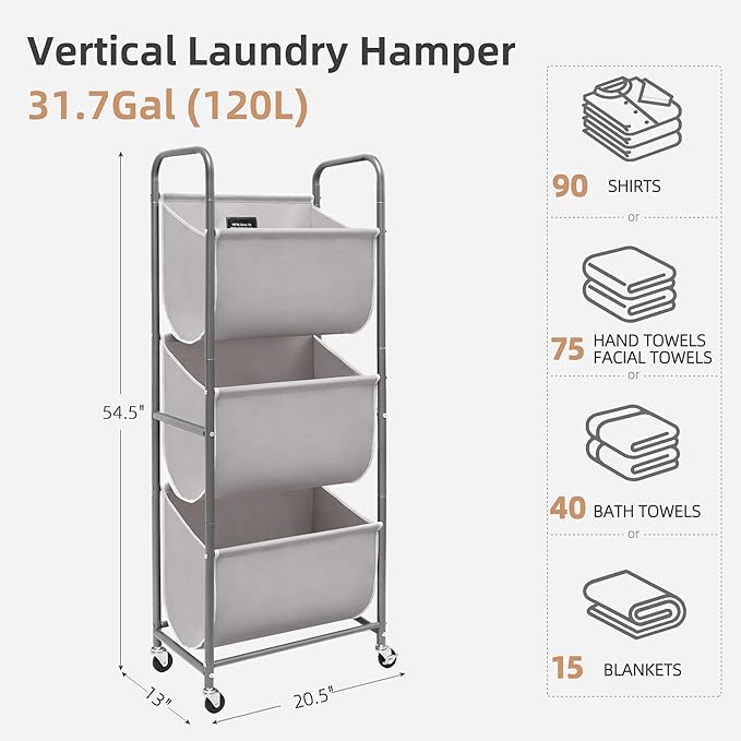 STORAGE MANIAC 120 Liters Vertical Rolling Laundry Hamper, 3 Section Laundry Sorter with Wheels and 2 Breaks, 3-tier Laundry Baskets for Small Space, Dorm, Laundry Room, Closet, Bathroom, Gray 3-tier-Ruum Studio Home