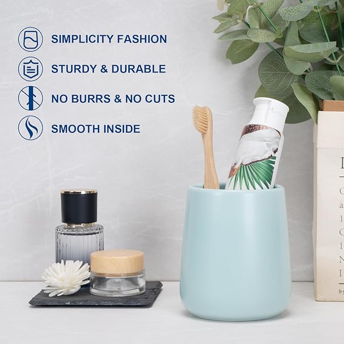 Bathroom Tumbler Cup Ceramic 2Pcs 13.5oz Reusable Toothbrush Cup 400ml,Toothbrush Holder Adequate for Your Bathroom (Cyan)-Ruum Studio Home