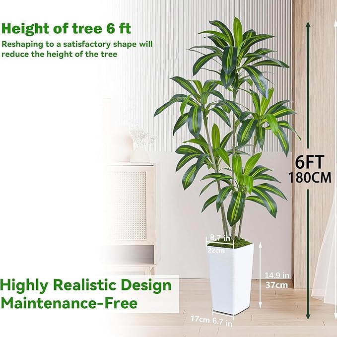 Artificial Dracaena Tree Artificial Silk Tree Faux Tree Fake Tropical Yucca Floor Plant with White Tall Planter (1, White Tall Planter, 6FT)-Ruum Studio Home