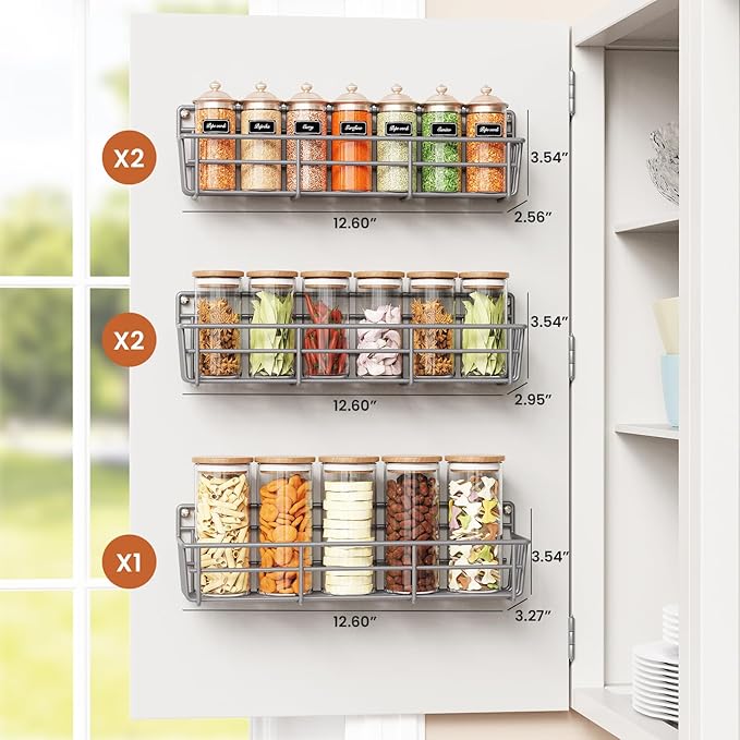 5 Pack Spice Rack Seasoning Organizer Wall Mount, Screw or Adhesive Hanging Shelf Basket Spice Organizer Shelf for Kitchen, Gray-Ruum Studio Home