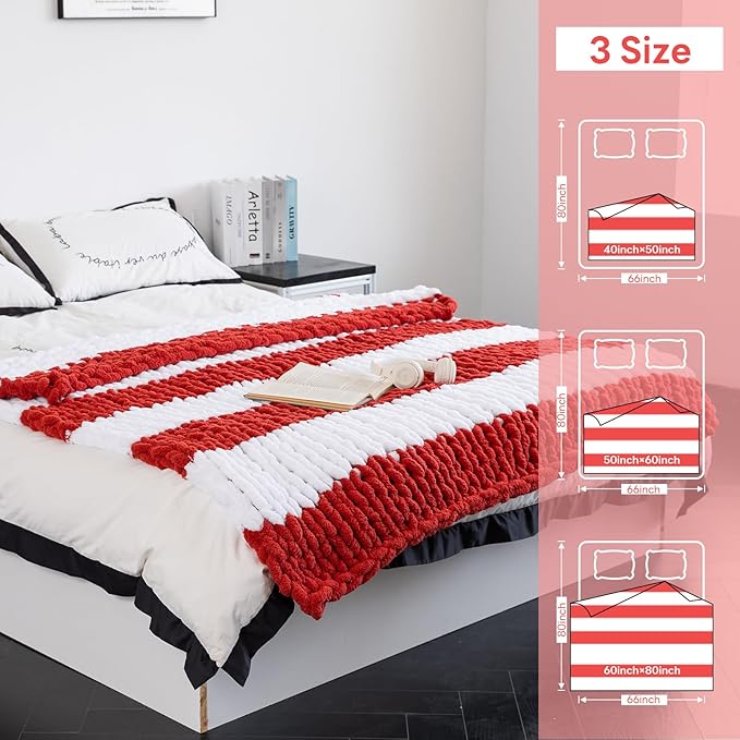 Chunky Knit Blanket - Luxury Soft Cozy 50 * 60 Throw Blanket,100% Woven Blanket Rope Knot Throw Blanket for Couch, Sofa, Home Decor, Gift - Machine Washable（White/Wine red）-Ruum Studio Home