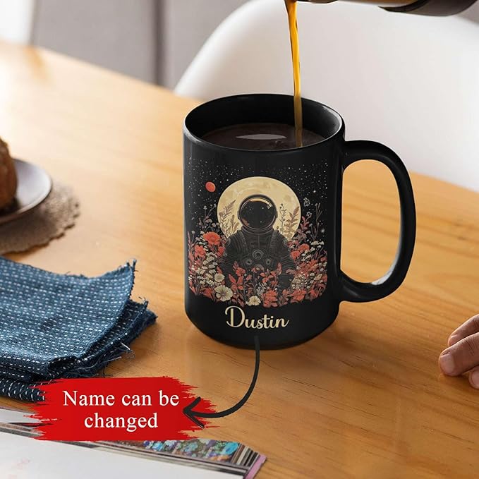 Astronaut with Moon and Wildflowers Coffee Mug, Custom Name Ceramic Cup 11oz 15oz, Unique Astronaut Coffee Cup for Friends, Personalized Astronomy Black Mug, Gifts for Birthday-Ruum Studio Home