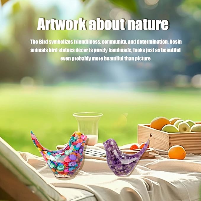 Crystal Bird Figurines, Resin Animal Statues, Miniature Decorative Gravel Birds, Home Decor (2PCS-Purple+Colorful)-Ruum Studio Home