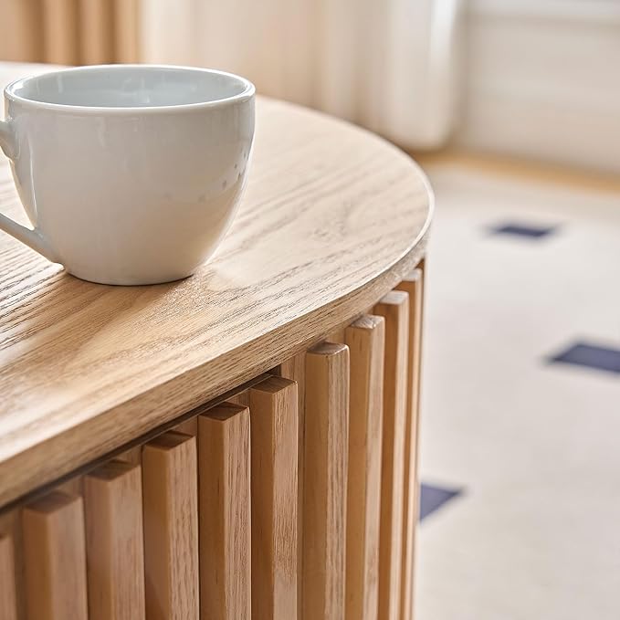 51.18'' Oval Coffee Table for Living Room Fluted Center Table with Drawer, Mid Century Modern Coffee Tables, Easy Assembly for Office Storage Tea Table Oak-Ruum Studio Home