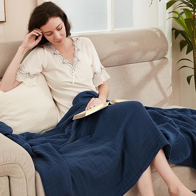 EMME Cotton Muslin Blanket King Size - Soft, Breathable Layering Blanket, 108"x90", All Season Gauze, Navy-Ruum Studio Home