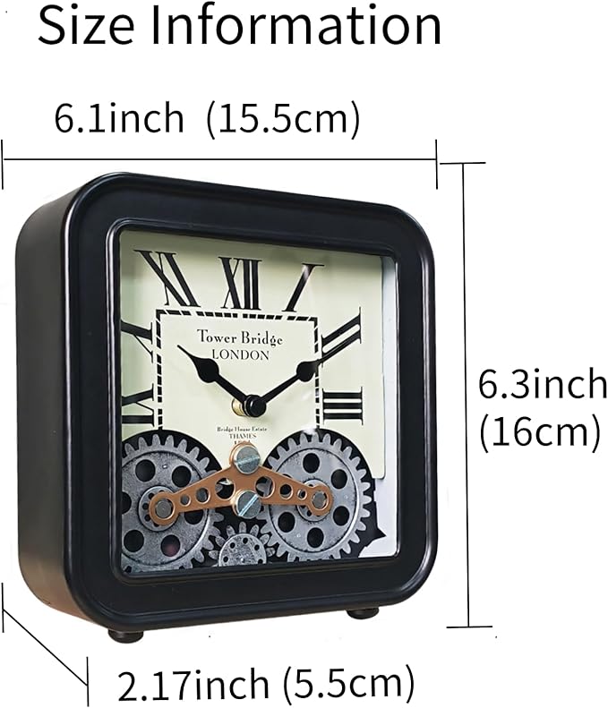 Desk Clock Vintage Metal Table Clocks with Moving Gears, Silent Retro Industrial Steampunk Quartz Small 6 inch End Table Clock for Home Office Living Room Decor Battery Operated (Black)-Ruum Studio Home
