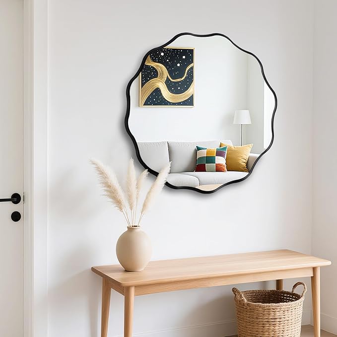 Fabuady Black Round Wavy Edge Mirror - 20'' Circle Wall Mirror with Metal Frame, Decorative Hanging/Leaning Mirrors for Bathroom, Bedroom, Living Room, Hallway, Entryway, Office, Home Decor-Ruum Studio Home