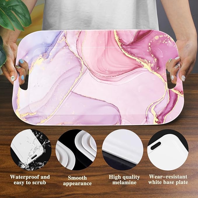 Serving Trays with Handles, 14.5 x 9.8 inch Rectangular Plastic Tray for Restaurant, Kitchen, Painting of Pink and Gold Marble-Ruum Studio Home
