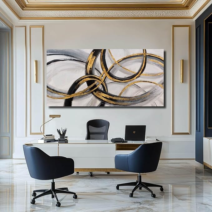 SOUGUAN Living Room Decor for Wall Abstract Wall Art 30x60in Black and Gold Wall Art Round Ring Wall Decoration for Bedroom Dining Room Home Office Ready to Hang-Ruum Studio Home