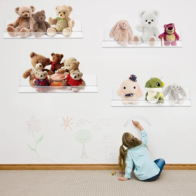 4 Pack Clear Acrylic Floating Shelves for Wall, 15'' Plastic Wall Mounted Display Shelf Kids Bookshelf and Spice Organizer for Bedroom, Living Room, Kitchen, Bathroom, Office-Ruum Studio Home