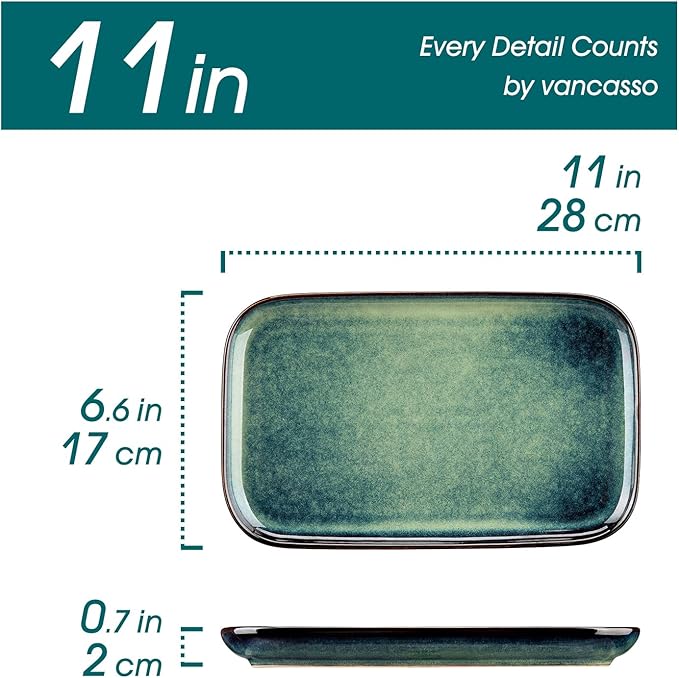 vancasso Stern Serving Platters Set of 4, 11 Inches Rectangular Ceramic Serving Plates, Green Serving Trays for Entertaining-Ruum Studio Home