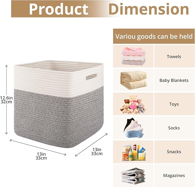 OIAHOMY 13 Kallax Inch Cube Storage Bins, 3-Pack Cotton Rope Woven Baskets for Organizing, Kallax Insert Storage Baskets for Shelves, Baby Nursery, Closet Organizer, 13*13*12.6IN, Grey & White-Ruum Studio Home