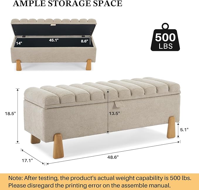 Storage Bench Ottoman 48.6 Inch with Safty Lift Top Lid, Tufted Solid Wood Tapered Legs Footstool for Bedroom, Living Room & Entryway Light Brown-Ruum Studio Home