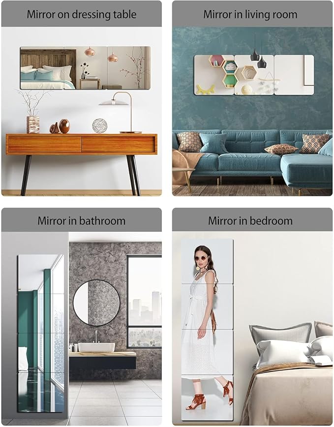 Unbreakable Full Length Wall Mirror,Mirrors for Bedroom,Over The Door Mirror,4 Pcs 12"x12",Shatterproof Plexiglass Acrylic,Long Closet,Workout for Home Gym Body Mirrors for Bedroom-Ruum Studio Home