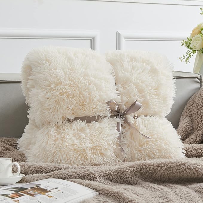 GONAAP Fuzzy Faux Fur Throw Blanket Ivory Super Soft Cozy Plush Fuzzy Shaggy Blanket for Couch Sofa Bed (Ivory, Throw(40"x50"))-Ruum Studio Home