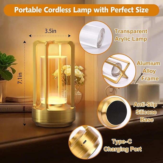 Portable Table Lamp for Outdoor Indoor: Cordless Rechargeable Desk Lamp with 3 Color Stepless Dimmable - Metal Battery Operated Small Lantern Light for Restaurant/Bedroom/Bar/Coffee Shop/Camping-Ruum Studio Home