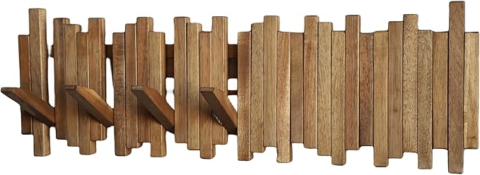 Natural Wood Wall Mounted Piano Coat Rack| Coat Rack Wall Mount| Flip Down Wall Hook Rack 7 Hooks| Entryway Wall Art Hook,Made of Acacia Wood (Wood Wax Oil staining Light Brown).-Ruum Studio Home