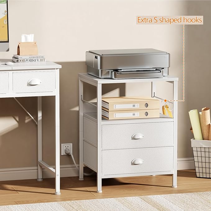 Furologee Night Stand with Charging Station, Bedside Table with Fabric Drawers, End Table with USB Ports & Outlets, White Nightstand with Storage Shelf & Hooks, for Living Room/Bedroom, White-Ruum Studio Home