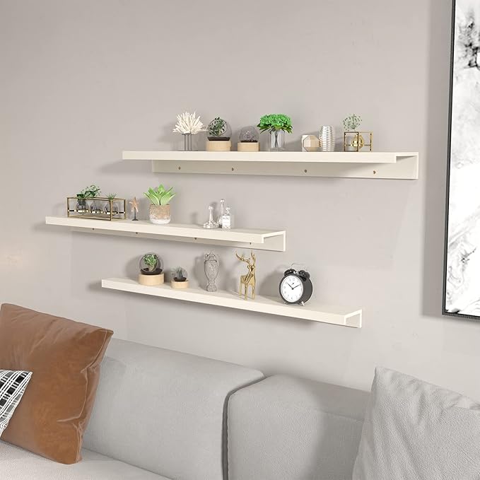 Giftgarden 16 Inch Floating Shelves Wall Mounted, Creamy White Beige Wood-Grain Wooden Ledge Shelf for Bathroom Bedroom Living Room Kitchen Nursery, Set of 3 Different Sizes-Ruum Studio Home